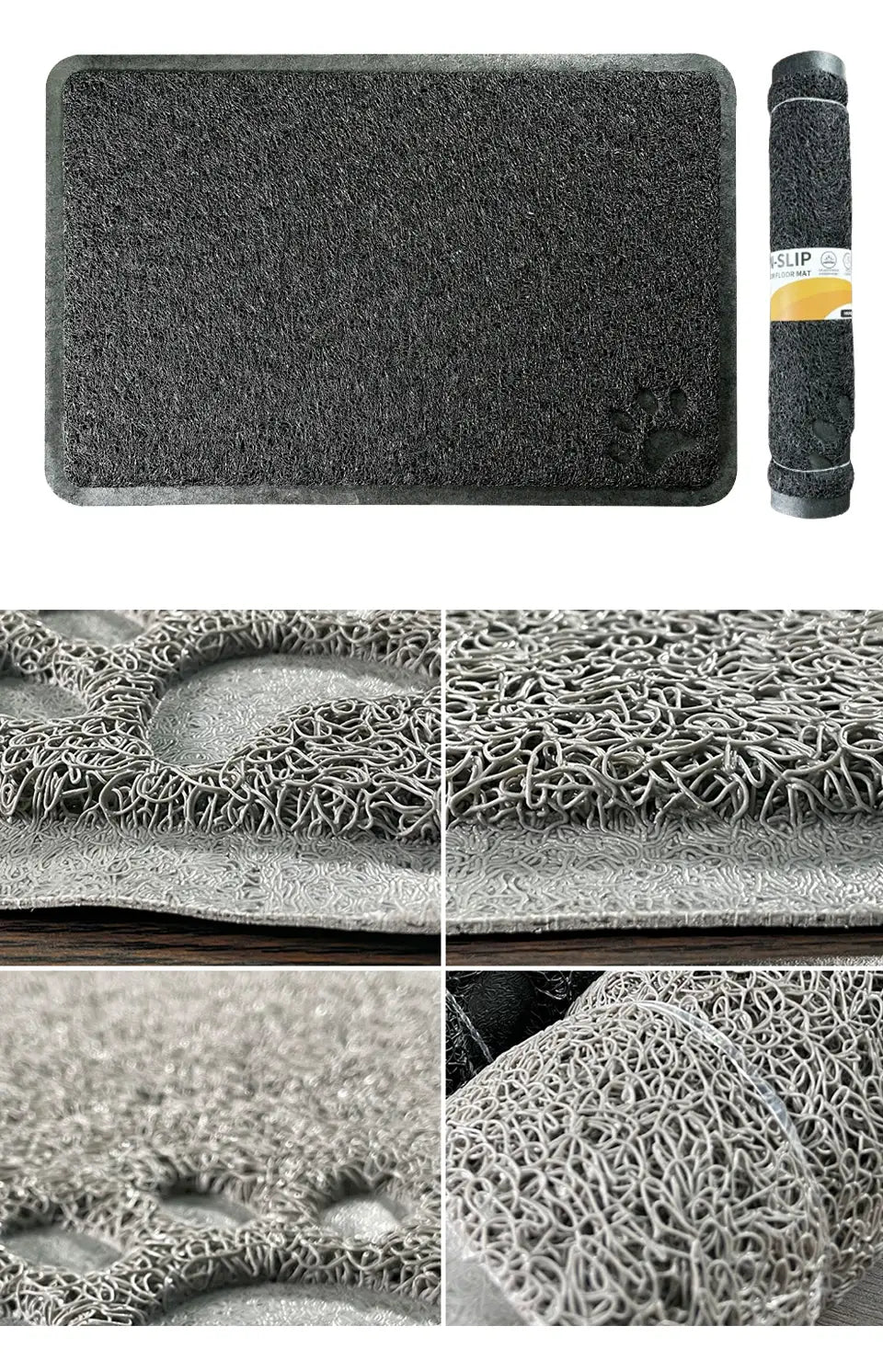 black rubberized waterproof feeding mat and litter mat with textured interwoven fibers and a rolled-up version labeled slip for indoor or outdoor use measuring 24x16 inches