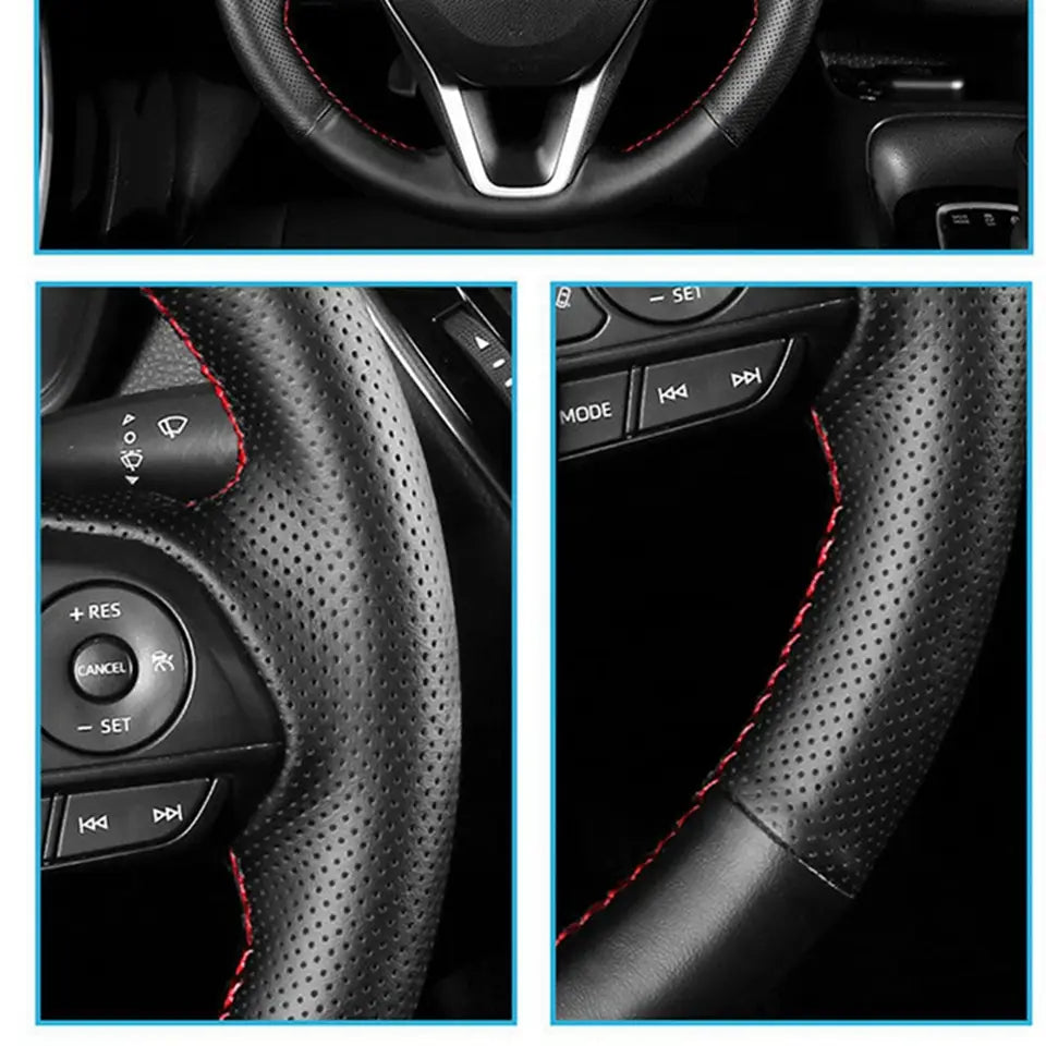 Cubierta para volante de Audi de cuero perforado negro con costuras rojas, diseñada para un mejor agarre y estilo.