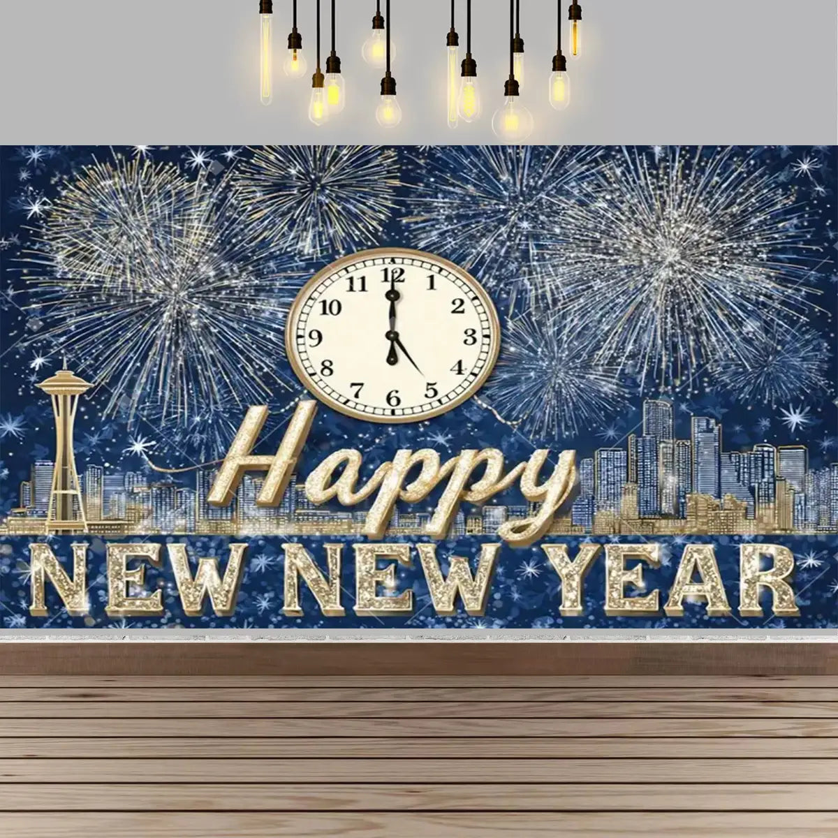 a glittery gold new year party photography backdrop featuring a happy new year message with a clock, fireworks, and the seattle skyline design