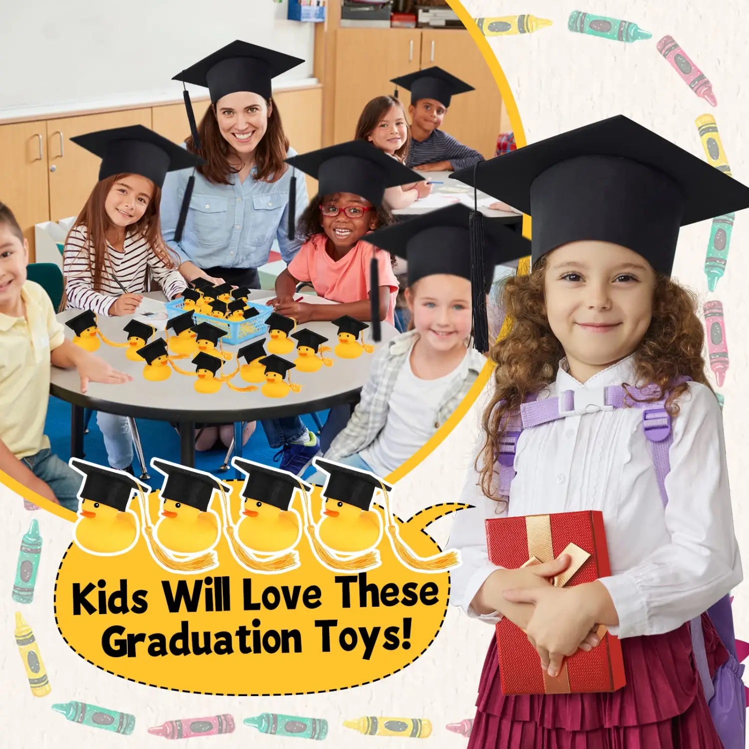 yellow rubber duck toy wearing a black graduation cap designed for graduation celebrations