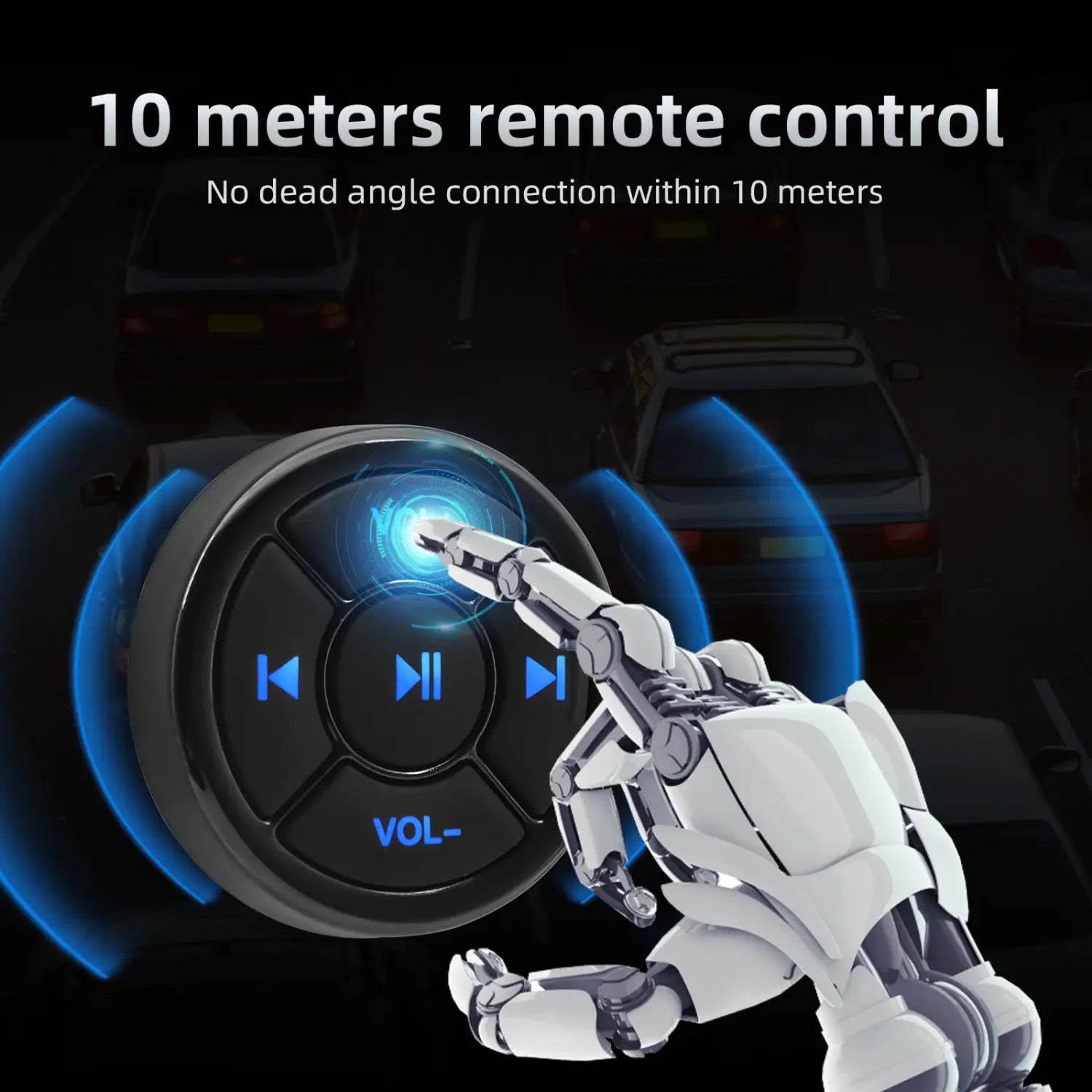 black circular wireless steering wheel bluetooth media remote control with blue illuminated buttons being pressed by a white robotic hand