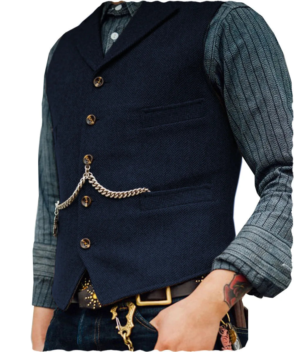 Mens Suit Vest Lapel V Neck Herringbone Casual Business Vest Waistcoat Groomman For Wedding Tweed Business Waistcoat