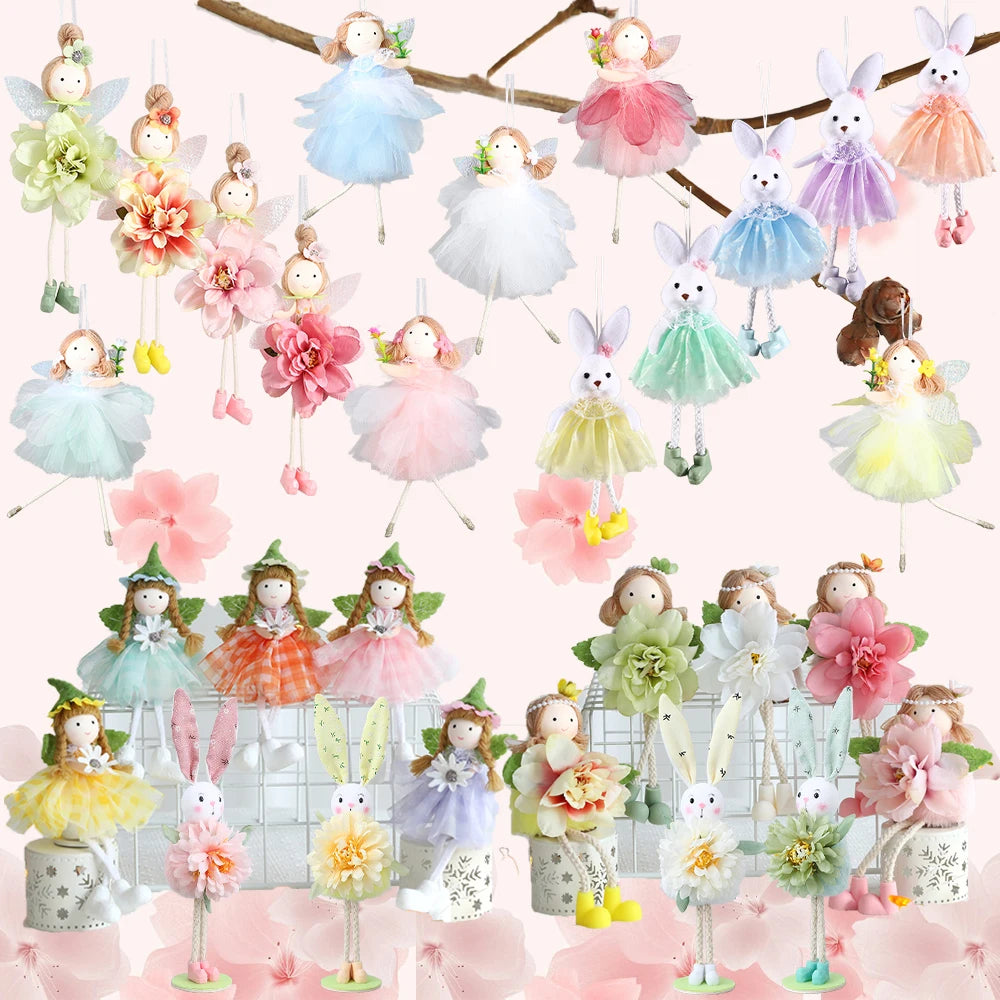 1Set Easter Hanging Ornaments Cute Bunny Flower Fairy Elves Angel Girl Ornaments Pendants Happy Easter Party Decoration Gifts