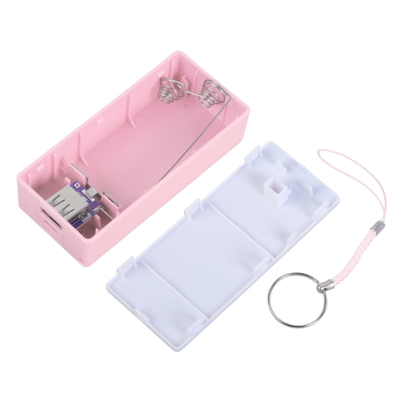 Rosa Kunststoff-Powerbank-Bauanleitung für einen 18650-Akkubehälter mit weißem Deckel und angebrachtem Schlüsselanhänger für den Bedarf an tragbarer Aufladung.