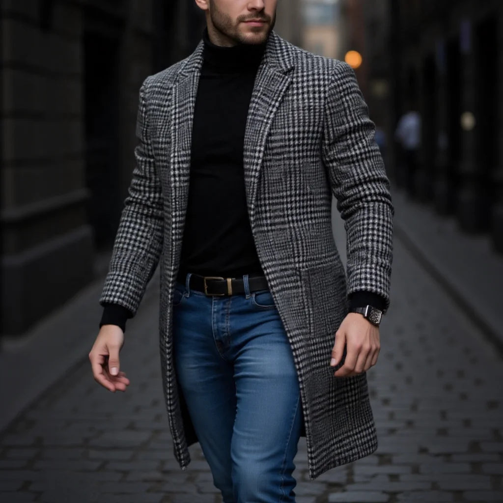 Men's Single Breasted Woolen Blend Trench Coat, Stripes Long Warm Windproof Jacket for Autumn, Classic Solid Color Outerwear