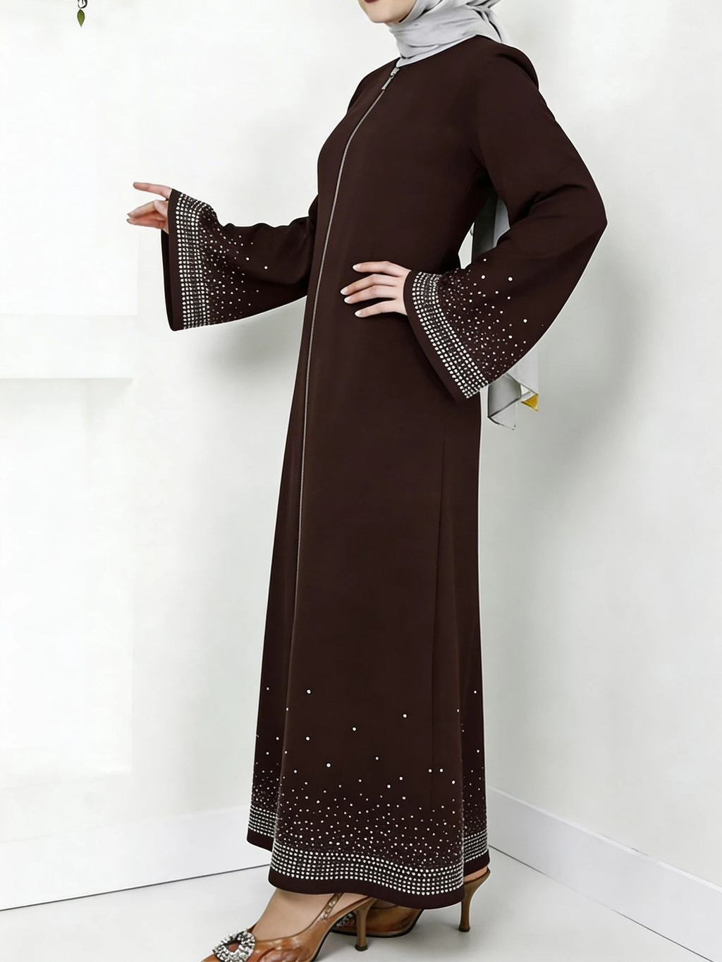 Middle Eastern Arabian Women Elegant Dress Long Sleeve Star Rhinestone Loose Solid Color