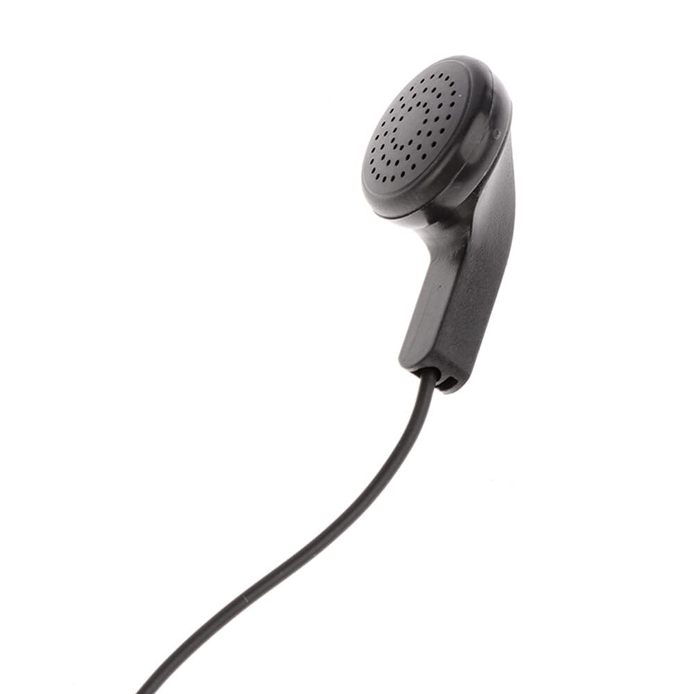 Écouteurs filaires noirs en plastique avec oreillette circulaire perforée et câble fixé pour appareils mp3 mp4 filaires en 3,5 mm.