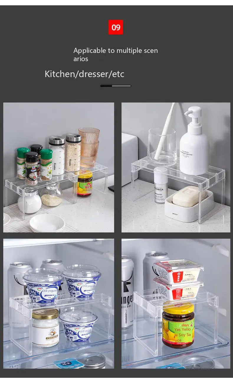 clear expandable cabinet organizer and spice rack made of clear acrylic featuring a multi-tiered design for efficient storage and organization.