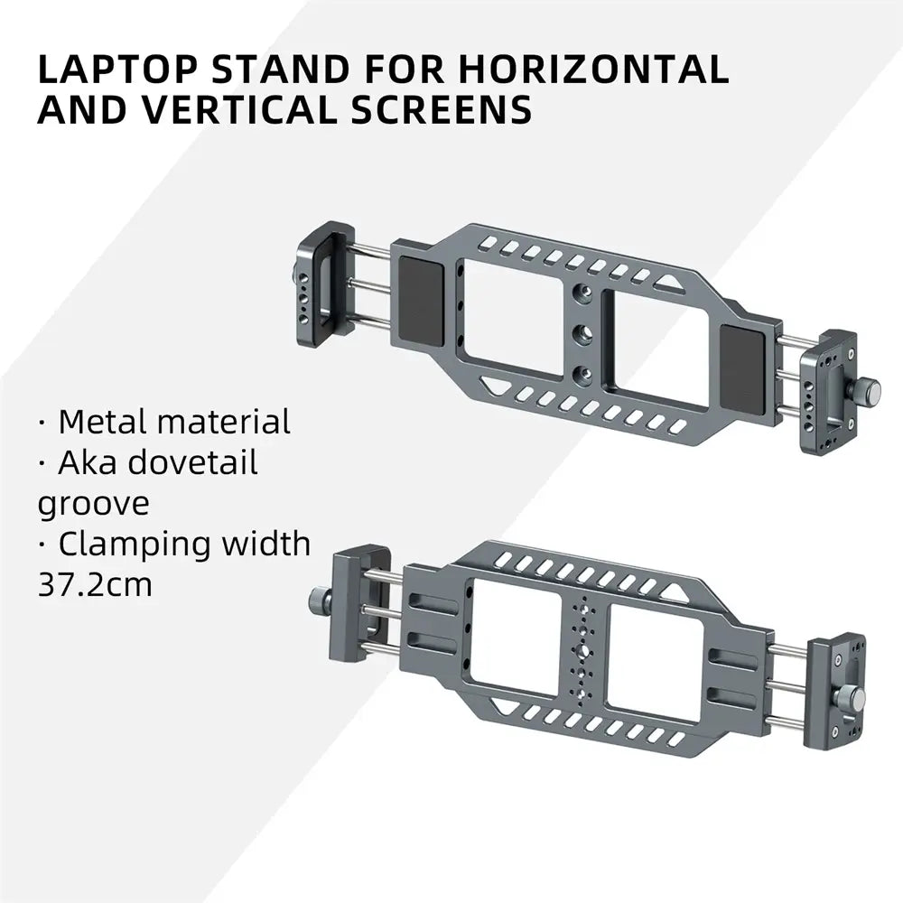 Gray metal aluminum vertical laptop stand for tripods with dovetail grooves for horizontal and vertical screens.