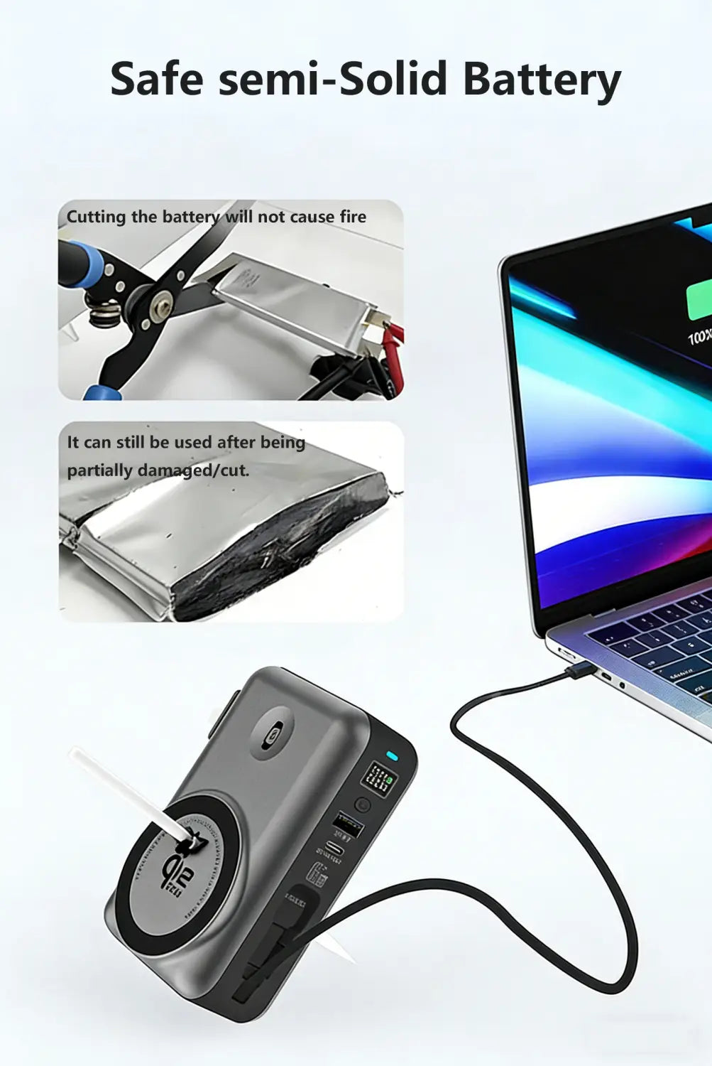 Batterie externe grise rectangulaire à batterie à semi-conducteurs avec plusieurs ports USB et un plateau circulaire de charge sans fil magnétique sur sa surface.