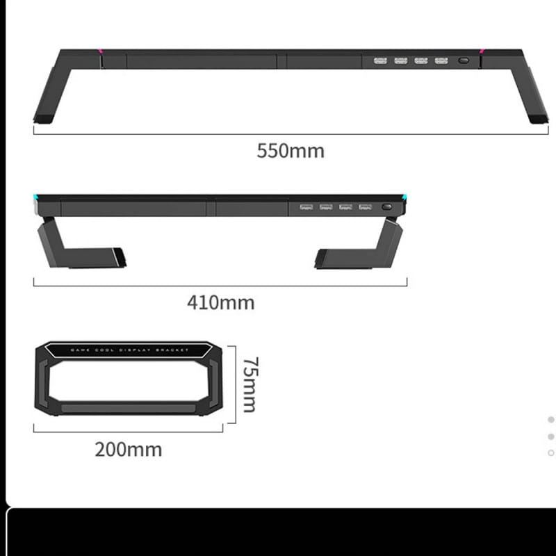 Support de moniteur RGB noir avec support en hauteur réglable, station d’accueil USB et tiroir de rangement, présenté depuis le côté arrière