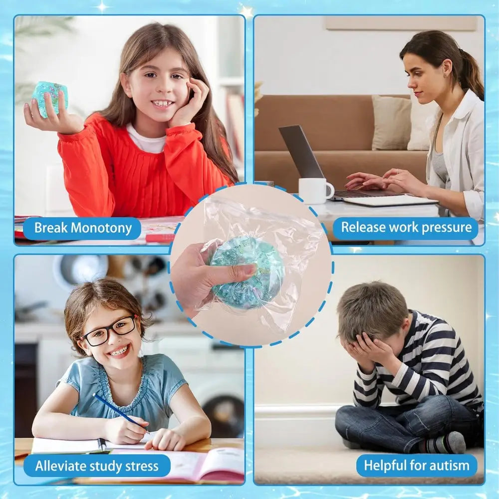 Ein blauer, durchscheinender Ocean-Shell-Fidget-Toy, weicher Würfel-Stressball, entworfen zur Stresslinderung und für sensorisches Spiel