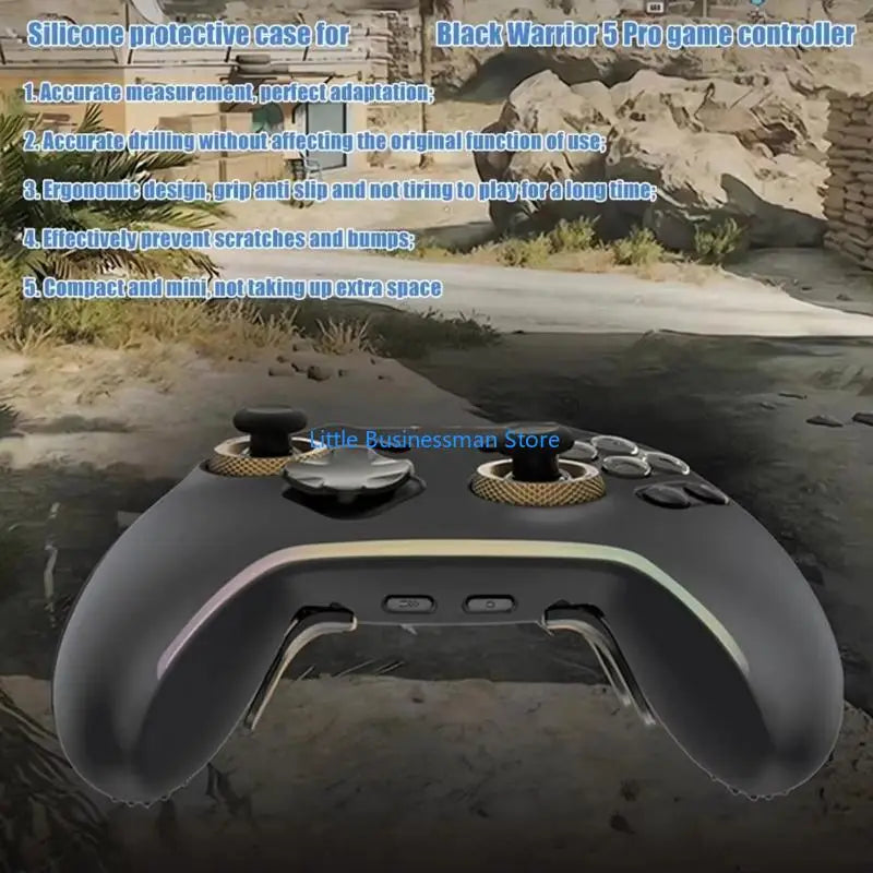 Mando de juego negro Warrior 5 Pro con agarres de silicona texturizados de color dorado y un diseño ergonómico elegante para funda protectora de silicona del mando Xbox.