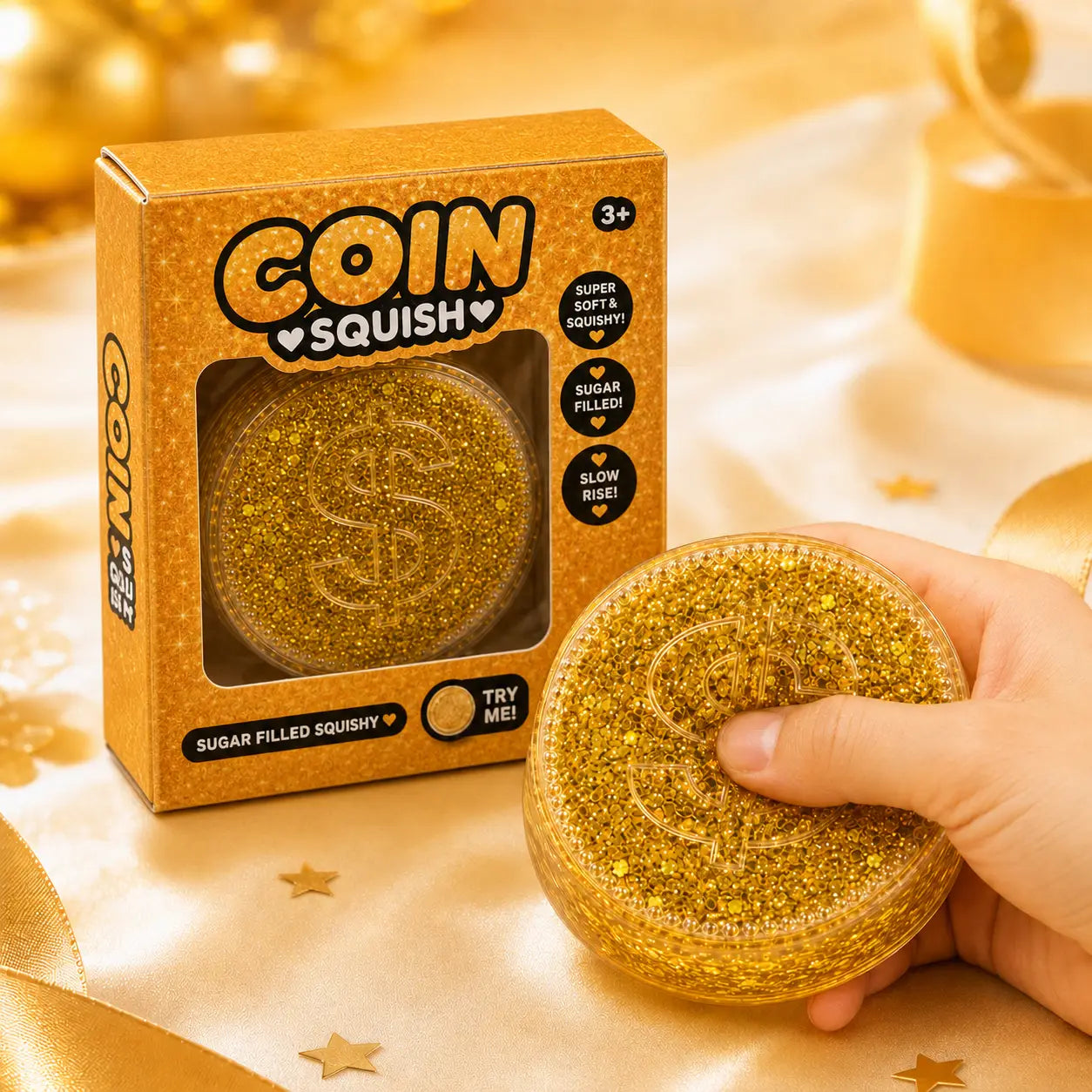 Geldmünzen-Quetschspielzeug in Goldoptik, gefüllt mit goldfarbenem Glitzer, mit transparentem kreisförmigem Design und erhabenem Dollarzeichen-Muster zur Stressreduktion und zum Kneten