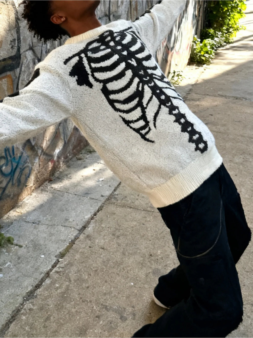 Men Crew Neck Knitted Sweater, Vintage Skeleton Ribcage Jacquard Loose Long Sleeve Gothic Streetwear Pullover Jumper