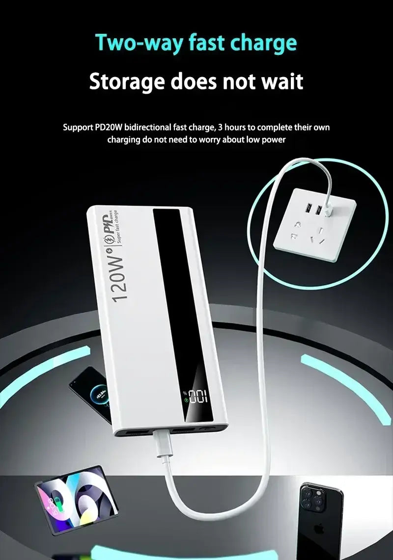 Banco de energía rectangular de carga rápida de 120 W en blanco con franja vertical negra y pantalla digital para una entrega de energía eficiente.