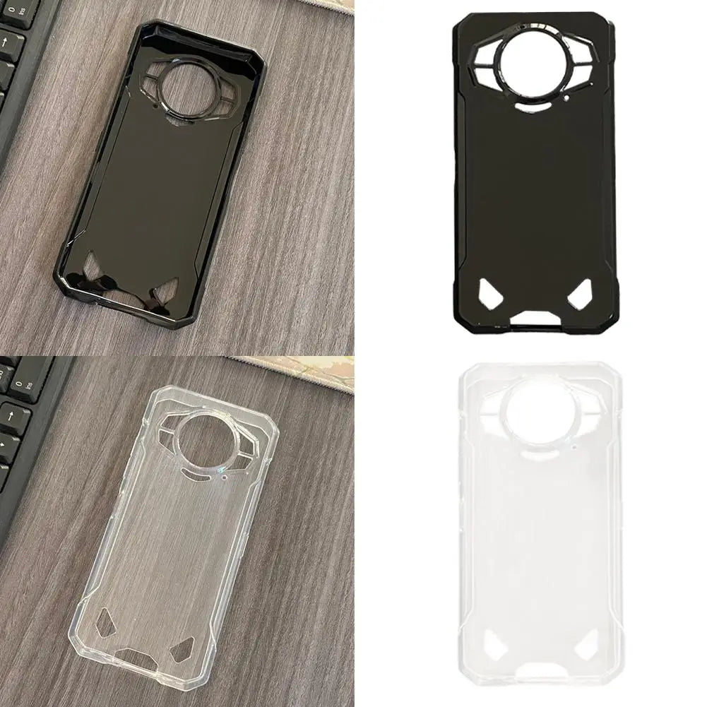 La imagen muestra la parte posterior de fundas para teléfono resistentes Doogee S200 5G negras y transparentes con recorte circular para la cámara y diseño angular.