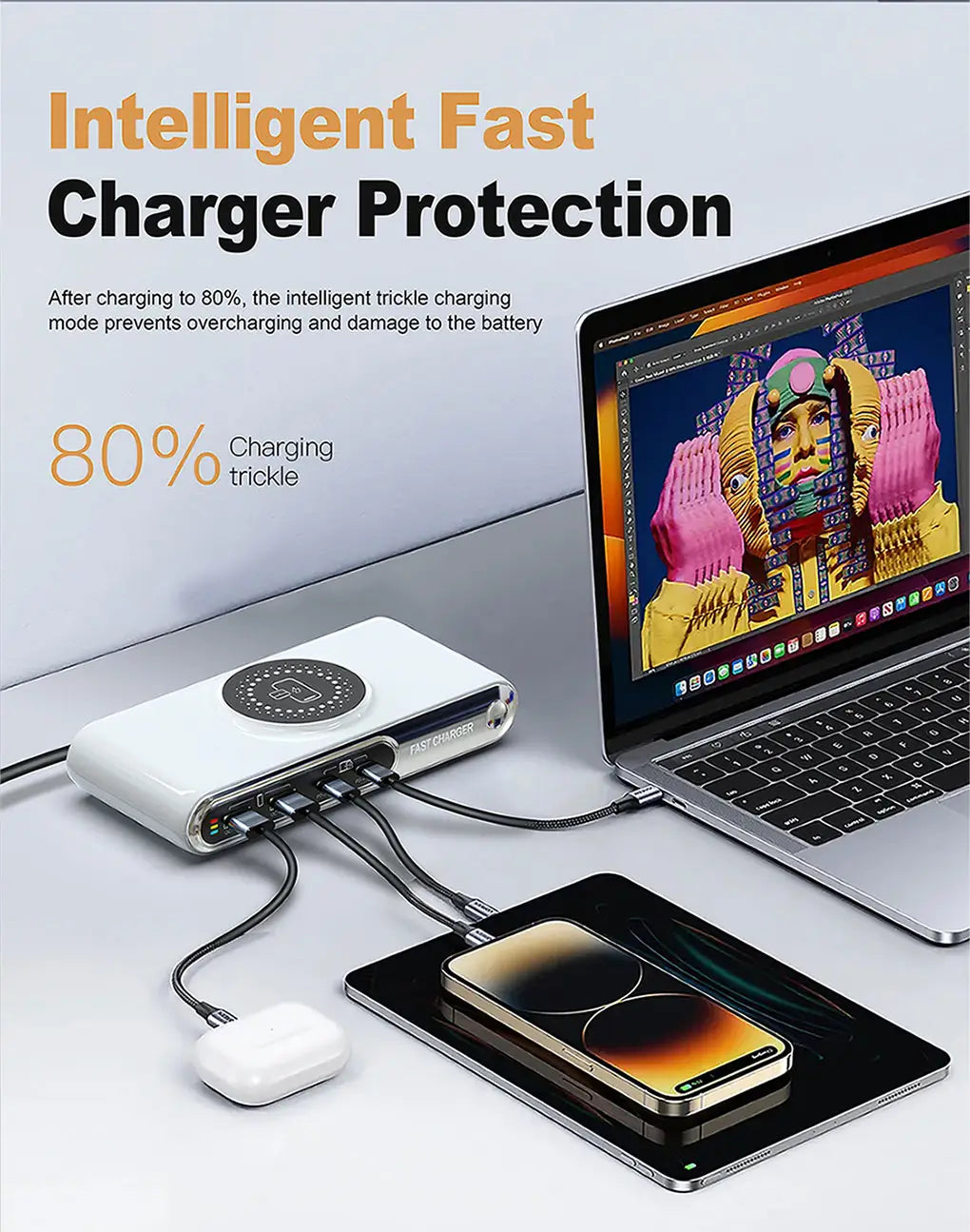 White rectangular 72w 6-in-1 wireless charging station with multiple ports and a circular charging pad on top for versatile device charging.