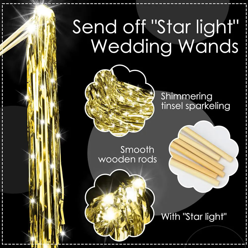Bâton lumineux de mariage à LED avec des rubans en tinsel scintillants dorés et des LED intégrées en forme d’étoiles pour les célébrations de mariage.