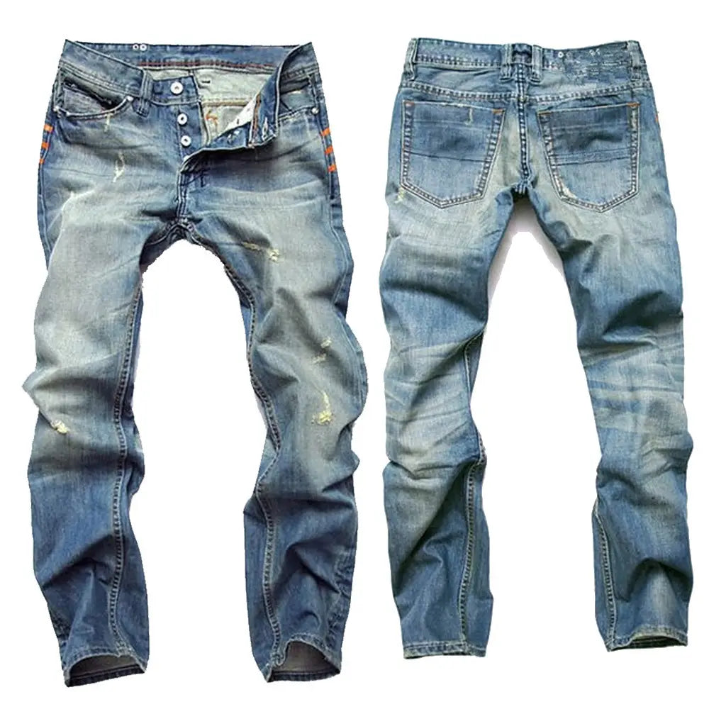 Pantalons en jean cigarette skinny pour homme décontractés en bleu, avec un délavage dégradé et des accents de surpiqûres orange discrets.