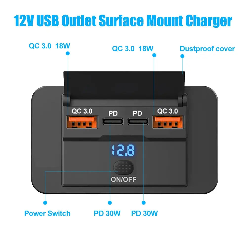 Schwarzer 12-V-USB-Auslass zur Aufputzmontage mit Ladegerät, orangefarbenen Anschlüssen und digitaler Anzeige, kompatibel mit dem 12-V-24-V-USB-C-Kfz-Ladeanschluss PD QC3.0.