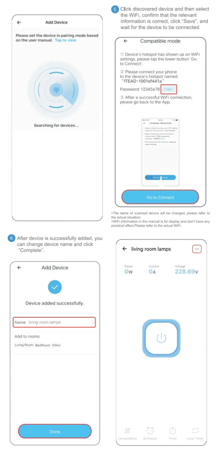 Der Smartphone-Bildschirm zeigt den Einrichtungsprozess für den DGB-63E WLAN-Smart-Leistungsschutzschalter-Live-Leitungs-Energiezähler mit Benutzeroberflächen-Schaltflächen zum Speichern, Verbinden und Beenden in einer Zeitsteuerrelais-Anwendung.