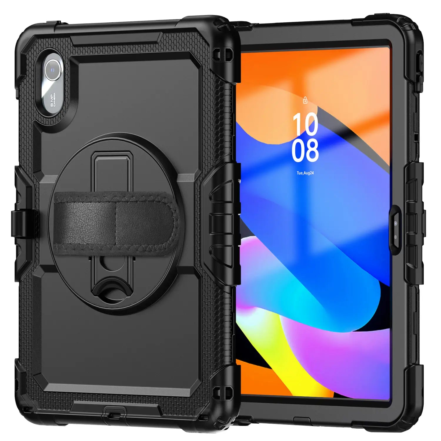 black rugged tablet case with textured grip and built-in rotating stand for tb336fu xiaoxin pad 11 armor case with strap shown from the back side