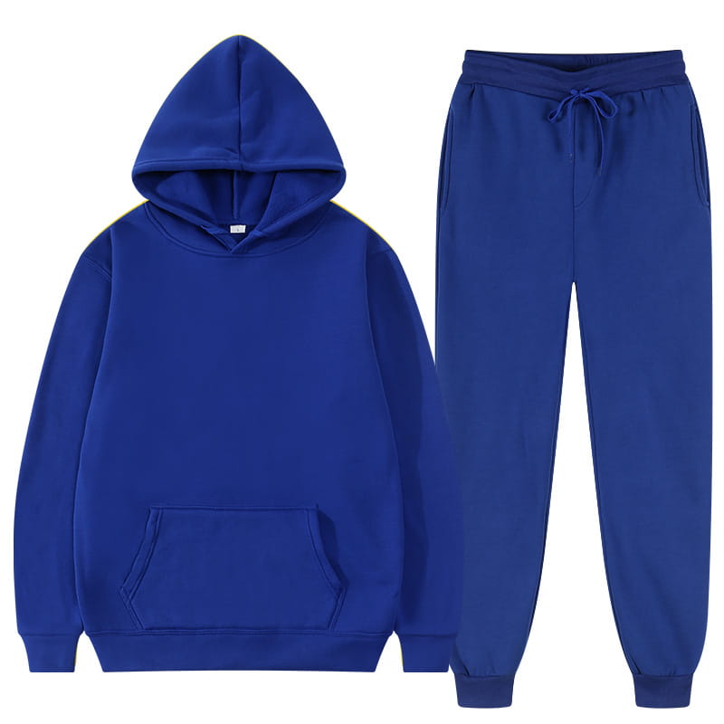Ensemble décontracté de sweat à capuche et de jogging en molleton pour homme, bleu royal, fabriqué dans un tissu doux mélangé en coton pour le confort et le style.