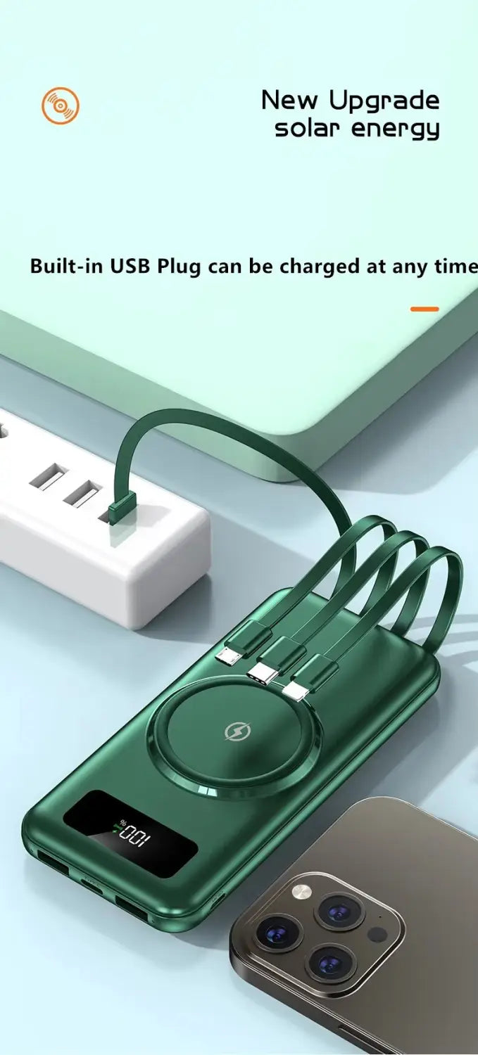 Green rectangular quick charge power bank with built-in micro usb plug, circular charging pad, li-polymer battery, and digital display showing 0:01 on the front surface.