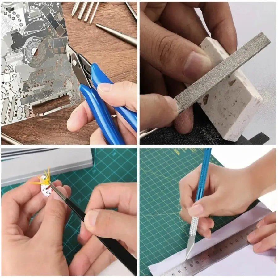 blue-handled precision cutting and shaping tools for detailed metalworking in a model tool set for hobby craft assembly