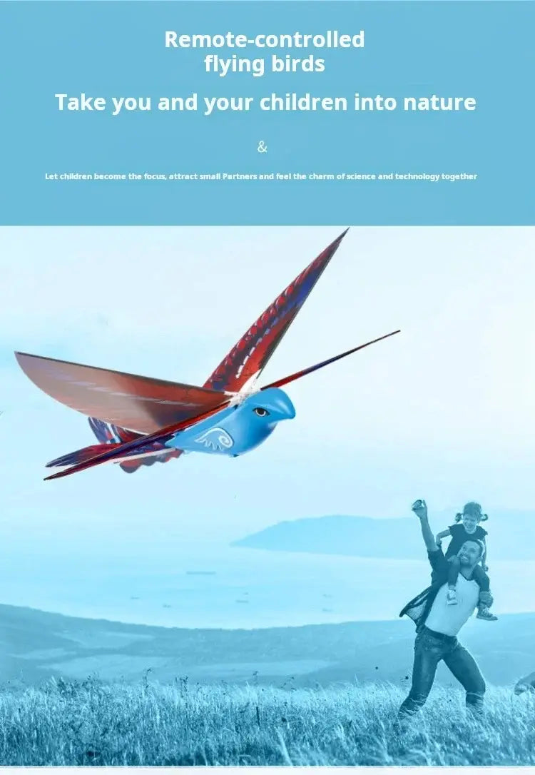 Remote control flying bird toy in blue and red with sleek aerodynamic design for outdoor remote control use.