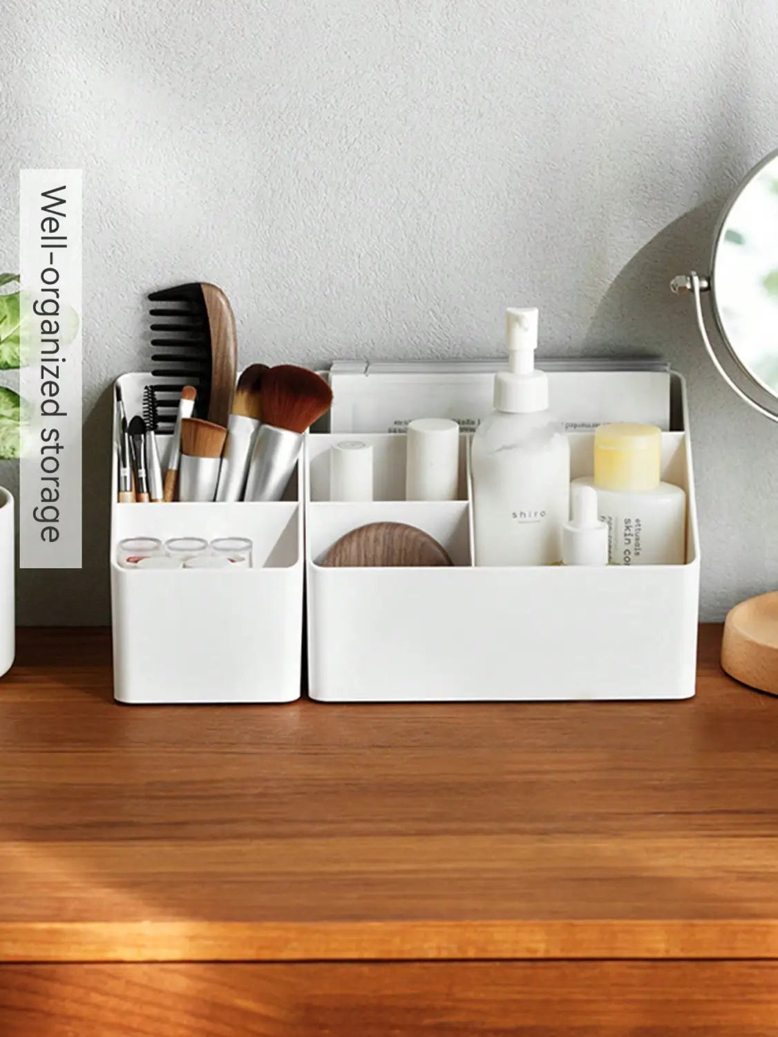 White plastic desk organizer and remote holder with a sleek minimalist design featuring multiple compartments for efficient storage.