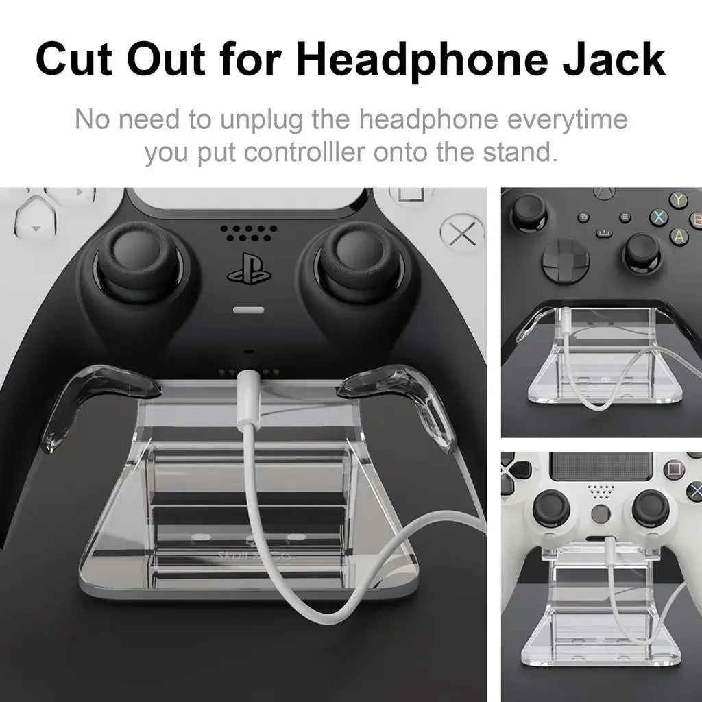 Soporte para controlador tipo fantasma de acrílico transparente, con una abertura para el conector de los auriculares, diseñado como un rack para soporte de juego.