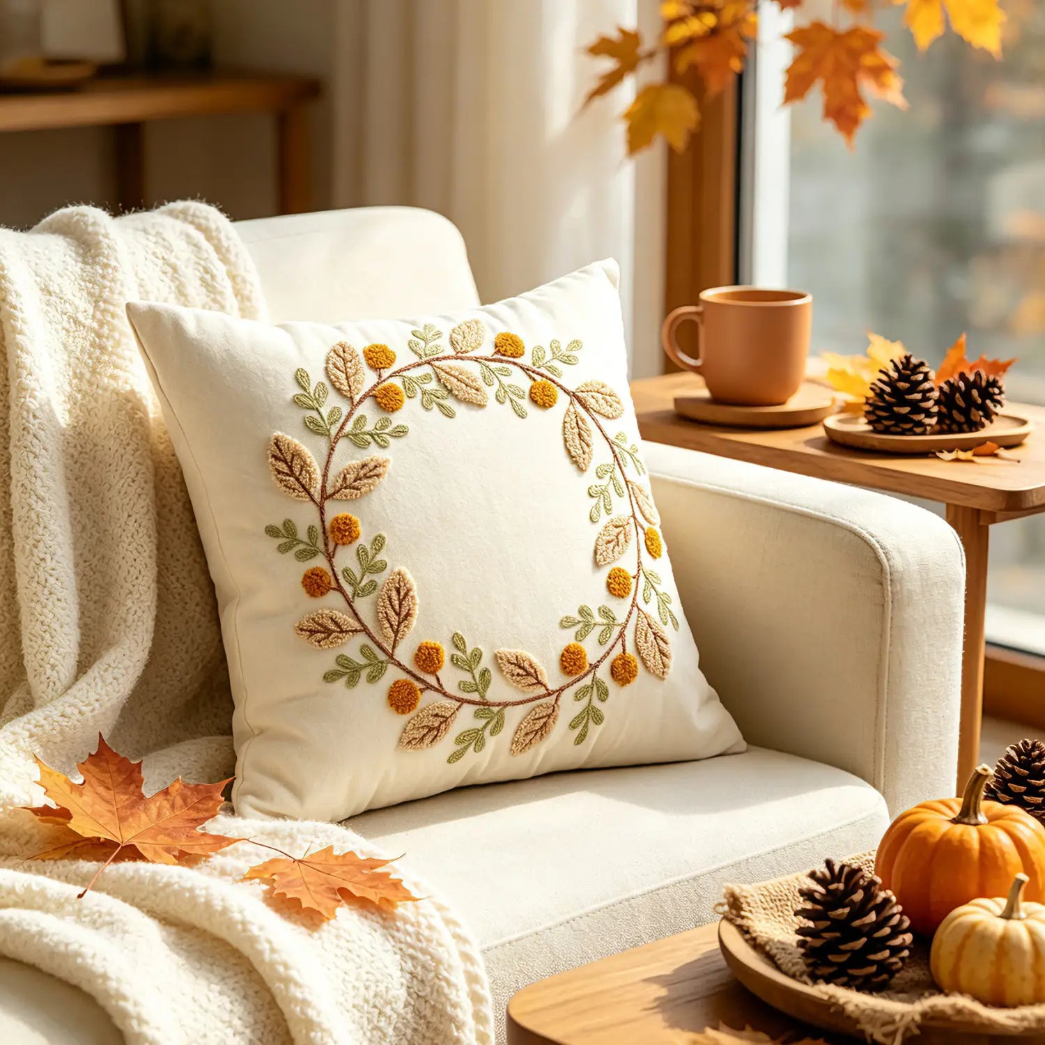 Housse de coussin d’appoint de couleur crème avec un motif de couronne d’automne brodée complexe, présentant des baies orange doré et des feuilles vertes, mesurant 45x45 cm.