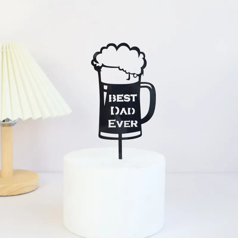 2023 New Father's Day Birthday Cake Topper Black Beer Super Dad Acrylic Cake Toppers Gift Father's Day Party Dessert Decoration
