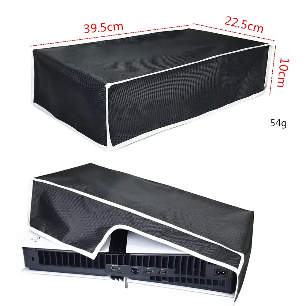 black mesh protective cover with white trim made of oxford cloth designed to fit ps5 pro console as a horizontal dust cover