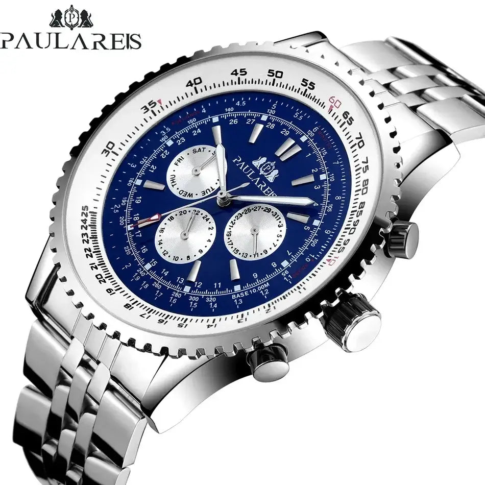 Automatische mechanische Herrenuhr der Marke Paulares mit einem Edelstahl-Chronographengehäuse, einem kräftig blauen Zifferblatt und drei Hilfszifferblättern.