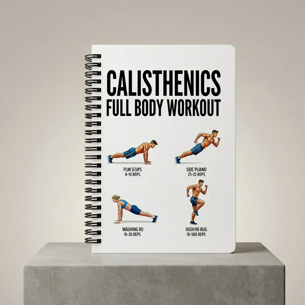 White spiral-bound notebook featuring illustrated calisthenics exercises with black text and blue athletic attire on the cover designed as a calisthenics workout journal and fitness planner.