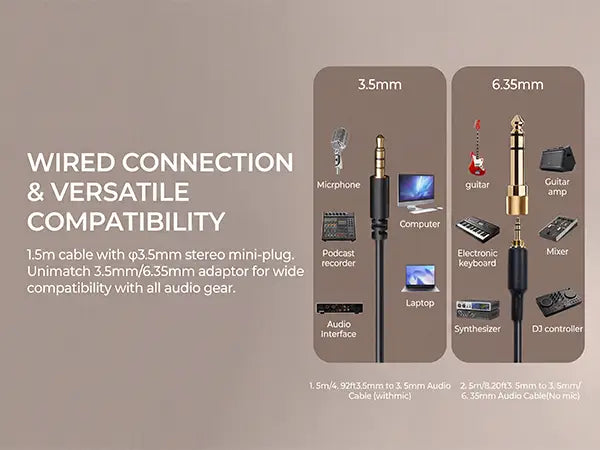 Cable de audio negro estéreo con conector mini de 3,5 mm, con adaptador a juego para los auriculares de estudio con cable Nubwo, que proporciona compatibilidad con amplificadores de guitarra y con respuesta en frecuencia optimizada para interfaces de audio de alta calidad.