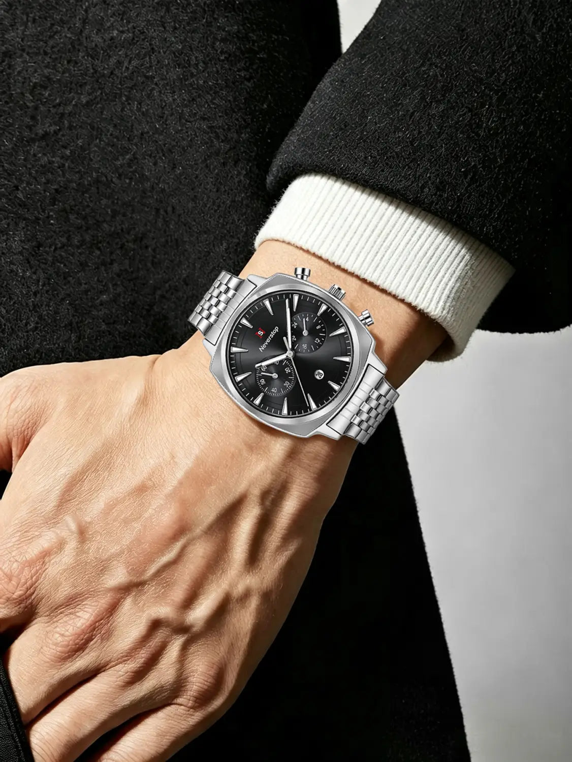 Men’s stainless steel chronograph watch with a sleek silver-toned polished metal bracelet and black dial featuring three subdials.