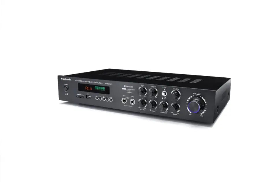 Black rectangular Bluetooth stereo audio amplifier with digital display and multiple control knobs designed for 5.1 channel high power sound.