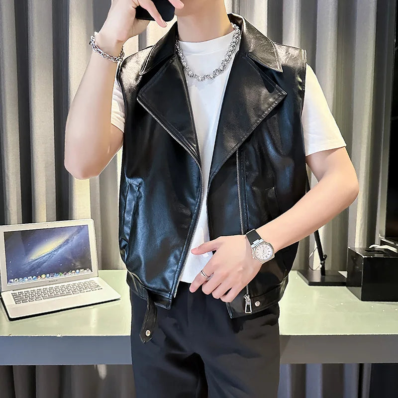 Pu Leather Vest men Trendy Streetwear Biker Jacket Fashion Male Waistcoat Motorcycle Style Hip Hop Clubwear Night Cool Outerwea
