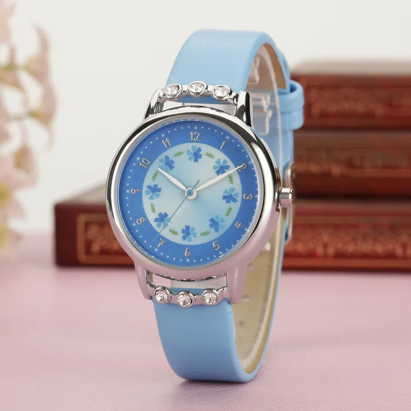 Children Kids Watches Casual Fashion Cute Flowers Students Watch Life Waterproof PU Leather Strap Quartz Wrist Watch For Girl