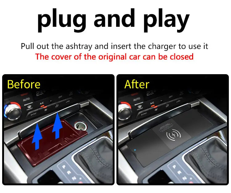Black wireless car charger pad with sleek minimalist design and subtle white charging symbol for Audi A6 C7 RS6 S7 RS7 models.
