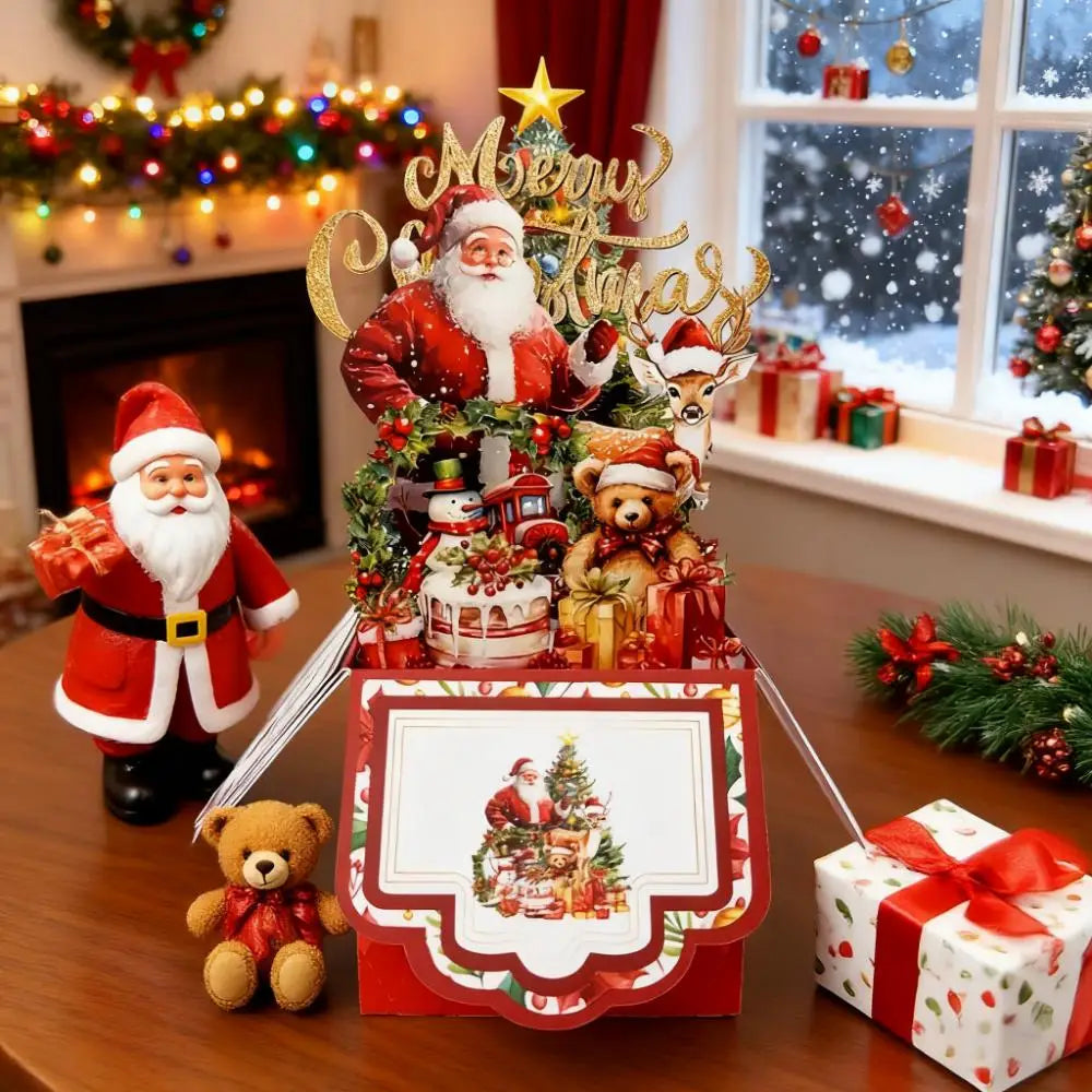 Christmas Tree Greeting Cards Santa Claus Reindeer Xmas Party Pop Up Card 3D Postcard with Envelope Holiday Decor Supplies 1pcs