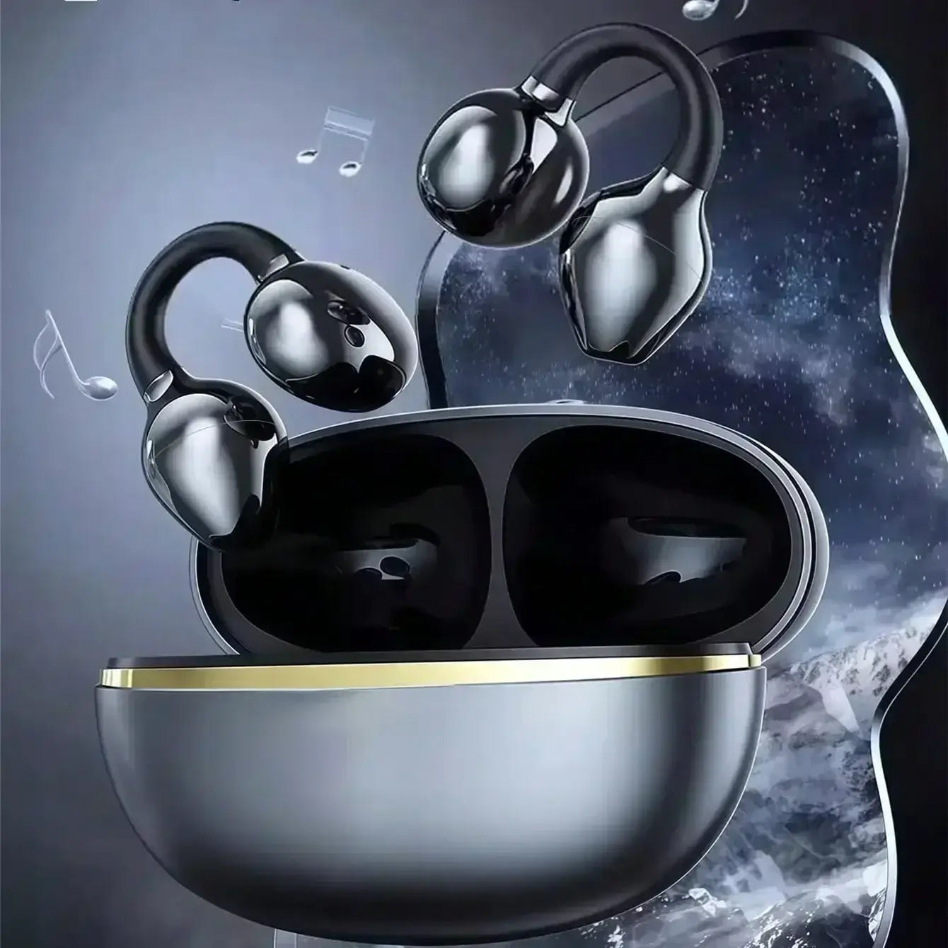 Auriculares inalámbricos de clip para oreja Bluetooth negros con acabado brillante y acentos metálicos que se colocan en un estuche de carga mate color gris abierto con ribete dorado, diseñado para un control cómodo del volumen de los medios y un uso sencillo con el manual de usuario.