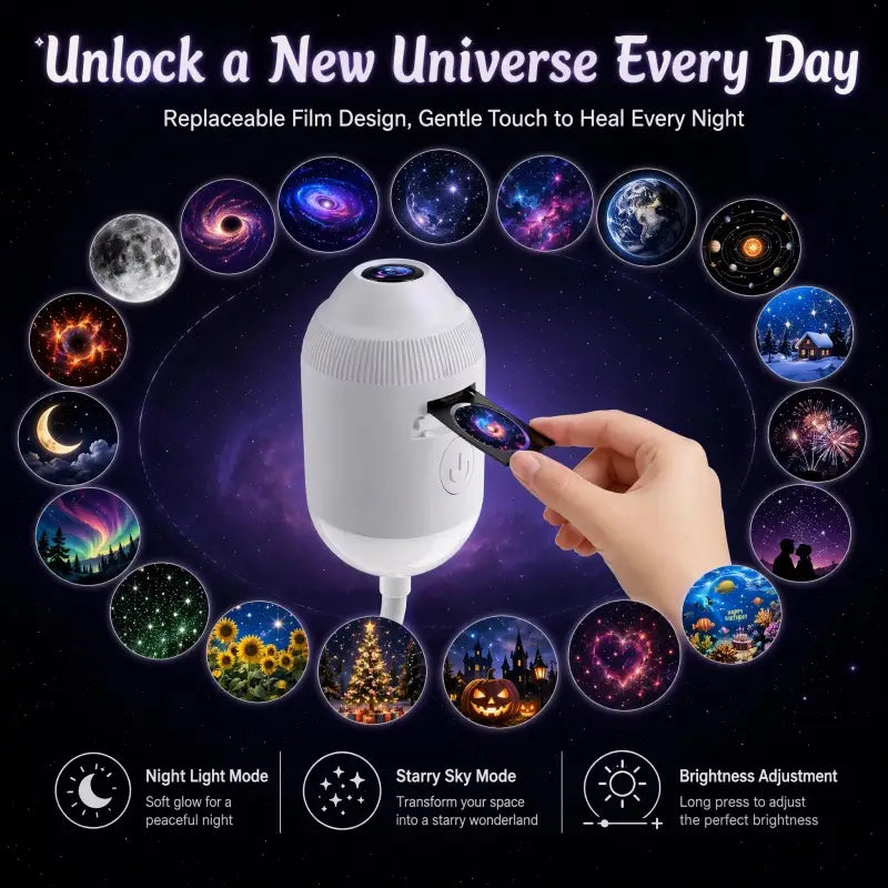 White cylindrical starry sky night light projector atmosphere lamp with replaceable film design and soft glow for ambient lighting