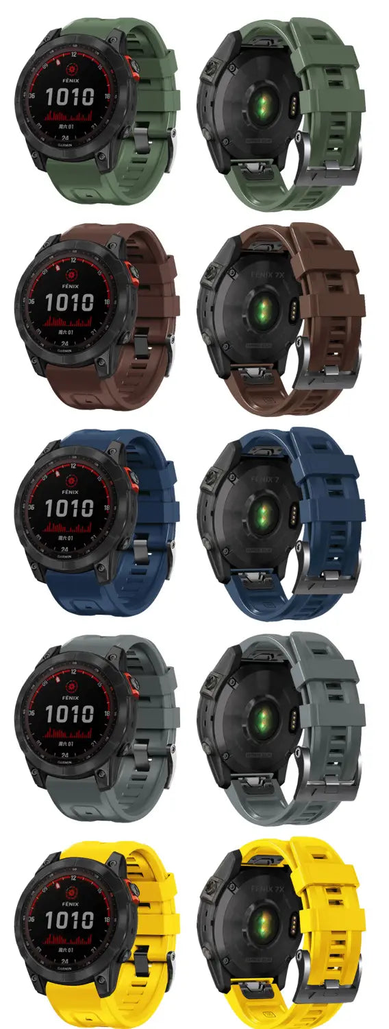 Une montre connectée Garmin Fenix sportive et robuste, avec une bande de poignet en silicone à fixation rapide, disponible en vert olive, brun, bleu, gris et jaune.