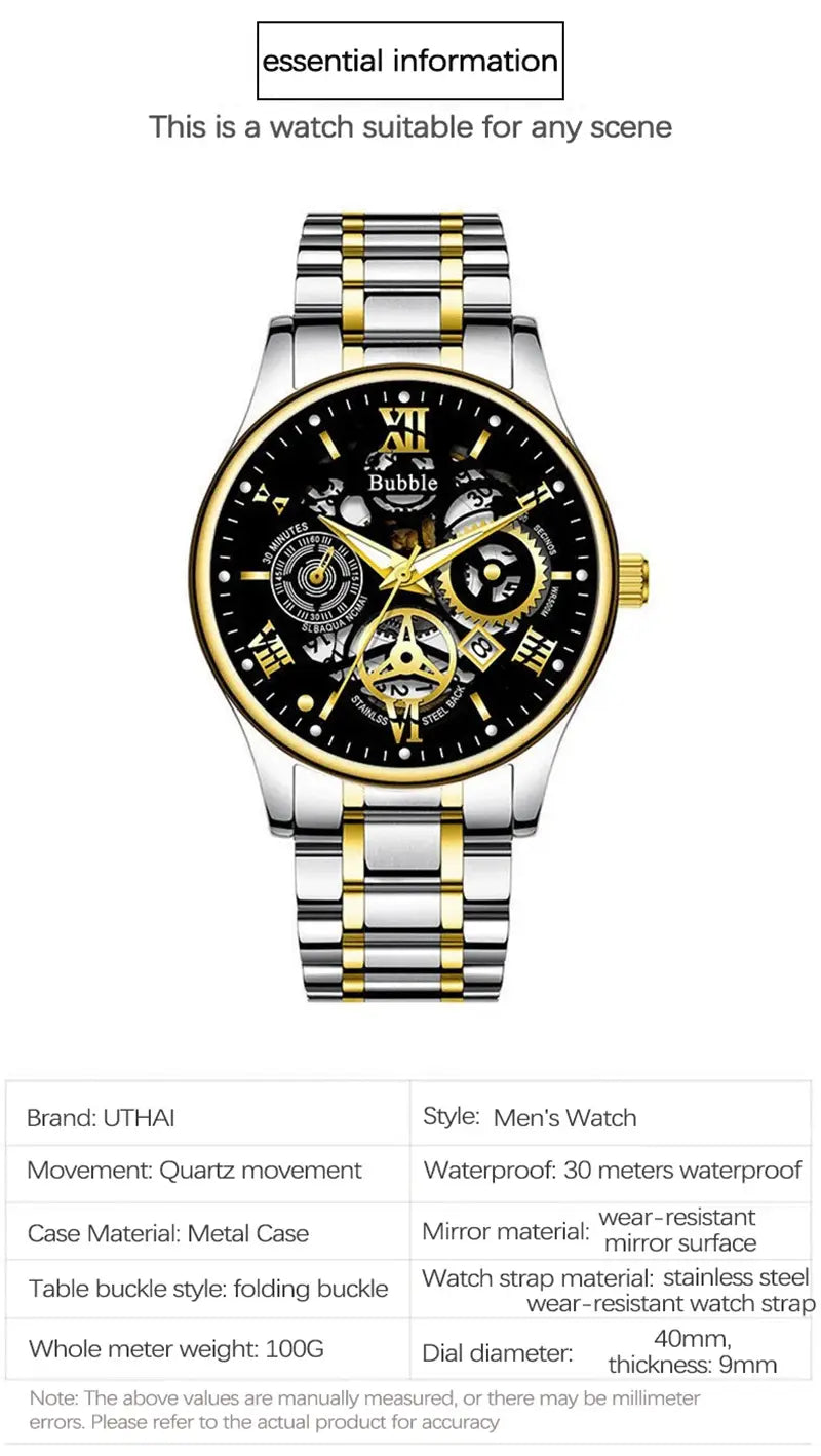 A sleek two-tone stainless steel uthai men quartz skeleton watch with a black dial gold bezel accents and exposed skeleton movement design.