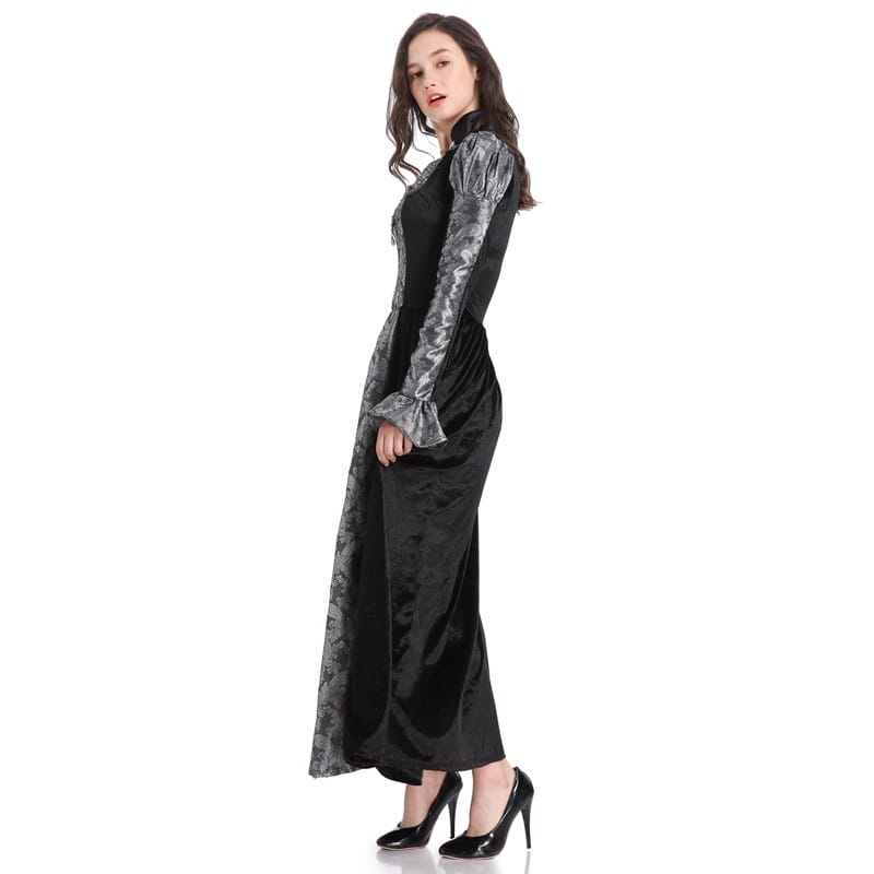 Black velvet Gothic vampire queen costume gown featuring silver patterned lace sleeves and a high collar.
